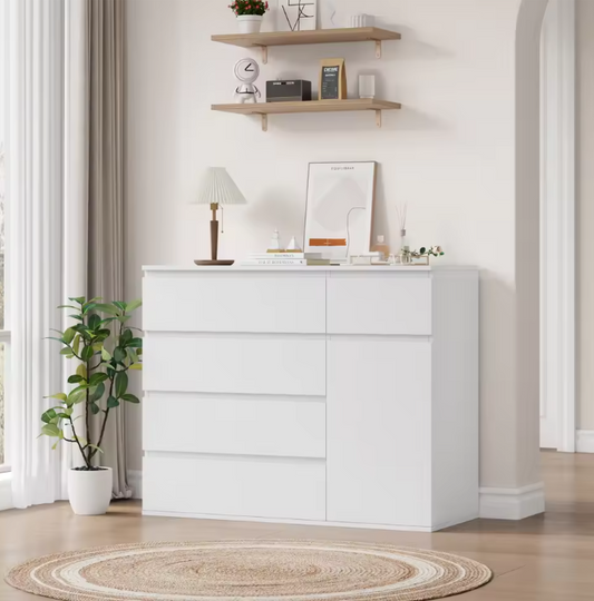 Ladekast met 5 Lades & 1 Deur – Houten Dressoir Wit/Zwart