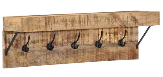 Wandkapstok van Massief Mangohout – Metalen Kapstokrek met Plank & 5 Haken