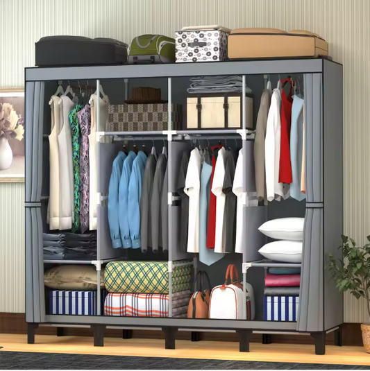 Opvouwbare Canvas Kledingkast – Stoffen Garderobekast met Metalen Frame en Meerdere Opbergvakken, 175 cm Hoog