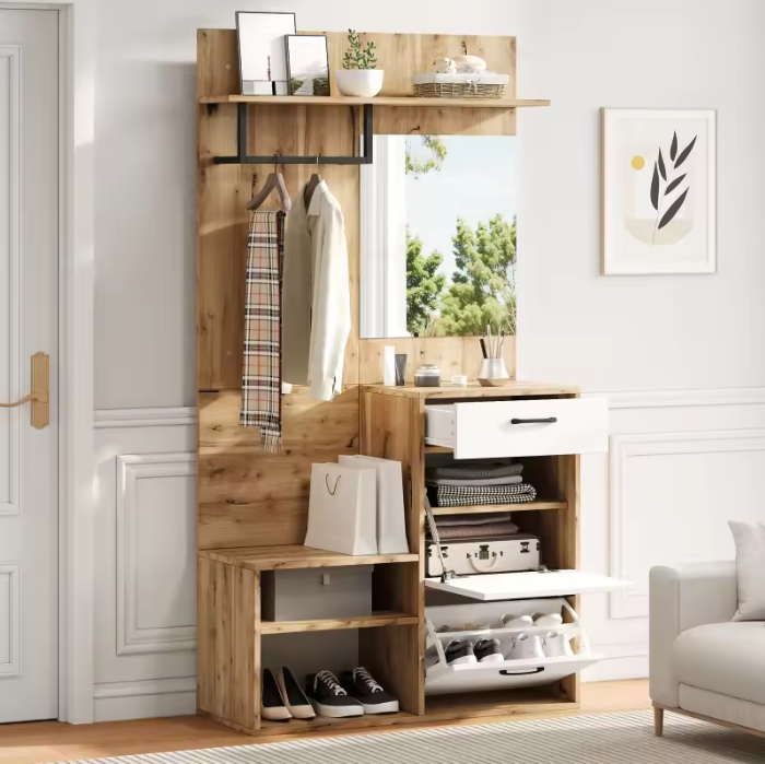 Halmeubel met Spiegel en Schoenkast – Complete Garderobeset 100×38,5×1 ...