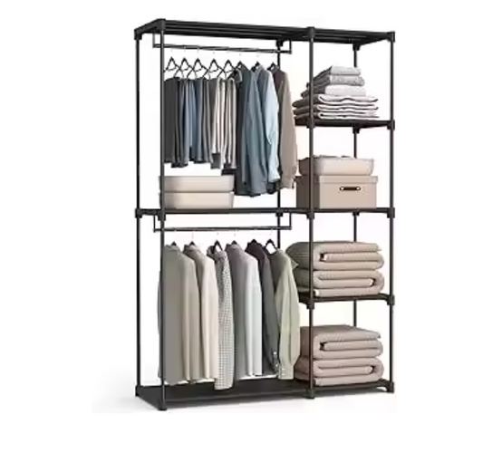 Open Kledingkast met 2 Kledingstangen en Meerdere Planken – Vrijstaand Opbergrek