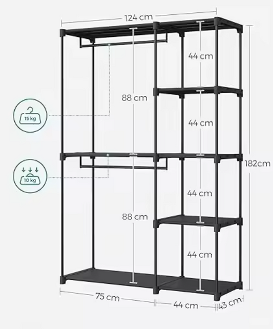 Open Kledingkast met 2 Kledingstangen en Meerdere Planken – Vrijstaand Opbergrek