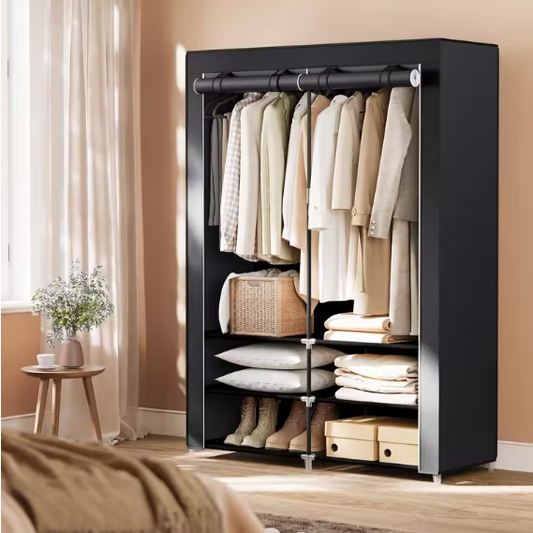 Stoffen Kledingkast met 2 Hangstangen en 4 Zijvakken – 45x127x176 cm, Opvouwbaar en Ruim