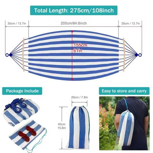 Tweepersoons Canvas Hangmat met Gebogen Houten Spreidstokken – 220×150 cm – Anti-Rol & Draagbaar – 300 kg