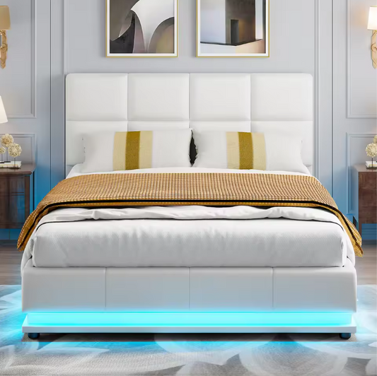 Hydraulisch Tweepersoons Bedframe met LED-Verlichting, Verstelbaar Hoofdbord en Opbergruimte – PU Kunstleer