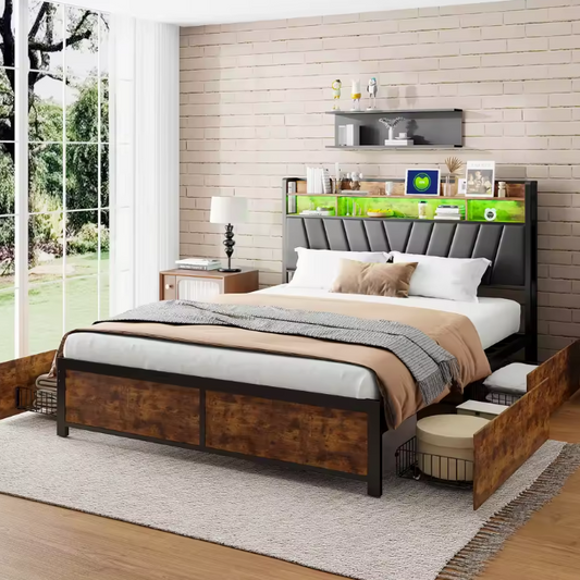 Metalen Tweepersoonsbed met 4 Lades en Opberghoofdeinde – Stalen en Houten Bedframe