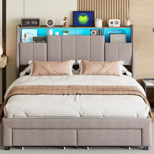 Tweepersoonsbed met LED-Verlichting, USB-Poorten en Opbergruimte