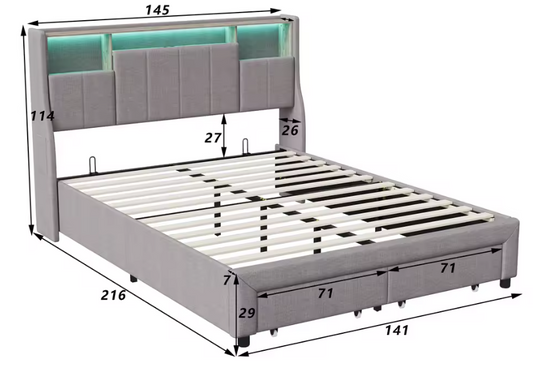 Tweepersoonsbed met LED-Verlichting, USB-Poorten en Opbergruimte