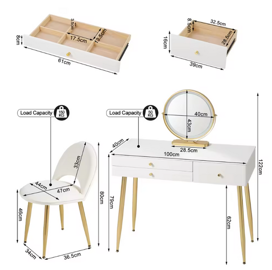 Moderne Make-uptafel met LED Spiegel, 3 Lades en Fluwelen Kruk