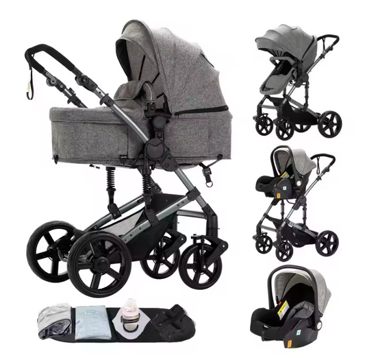3-in-1 Baby Kinderwagen met Hoge Zit – Opvouwbare Reiswieg en Autostoeloptie