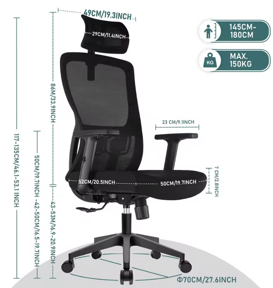 Ergonomische Bureaustoel met Hoofdsteun en Lendensteun – Ademende Mesh Draaistoel