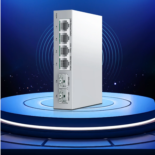 2.5G Netwerkswitch met 4× 2.5G RJ45 en 2× 10G SFP+ – Fanless Unmanaged Plug en Play