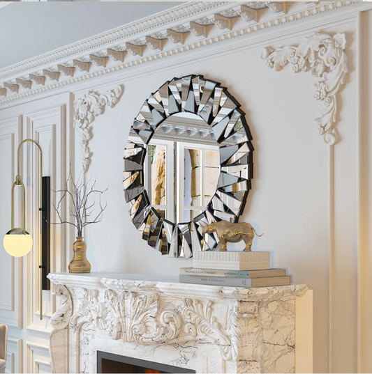 Ronde Sunburst Wandspiegel – Decoratieve Zilveren Spiegel met Facetglas