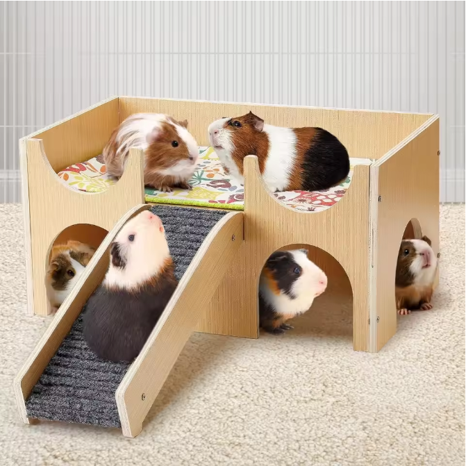 Hangmat voor Cavia's met Houten Standaard, Houten Caviabed met Trap Duurzaam Schuilplaats voor Cavia's voor Zwijntjes Chinchilla Rat Hamster Bunny