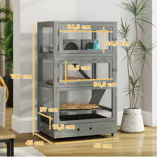 Houten Hamsterkooi met 4 Verdiepingen – Knaagdierenkooi met Wielen