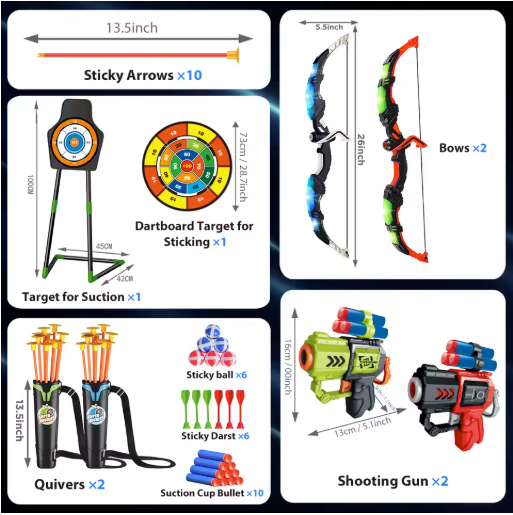 Kinder Boogschiet Set met LED – 2 Bogen, Pijlen, Targets en Speelgeweren