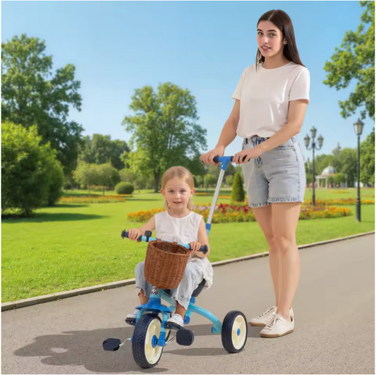 2-in-1 Kinderdriewieler Meegroeifiets – Met Duwstang, Mand en Antislip Pedalen