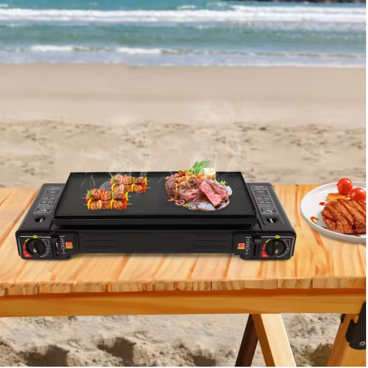 Draagbaar 2-Pits Camping Gasstel 2500W – Met Bakplaat, Automatische Ontsteking en Draagkoffer