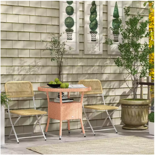 Ronde Tuin Tafel Ø 80 x 75 cm – Rattan met Glazen Blad en Opbergplank voor Balkon en Terras