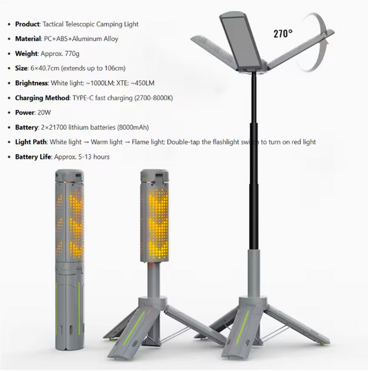 Telescopische Camping Lamp met Statief – Oplaadbare LED Lantaarn 8000mAh met 360° Verlichting