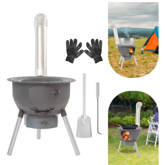 Multifunctioneel Camping Kooktoestel – Houtgestookte Stove met Grillrek voor Outdoor Koken en Verwarmen