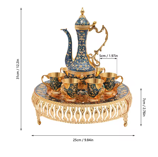 7-delige Luxe Theeset – Theepot met 6 Kopjes, Europees Design van Metaal, Stijlvol en Duurzaam