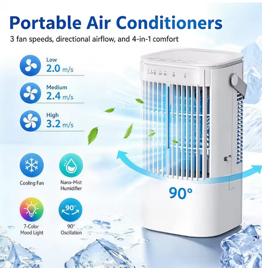 Draagbare Mini Airco en Luchtkoeler 900 ml – 3 Snelheden, Verneveling, 90° Oscillatie en 7-Kleuren Nachtlampje