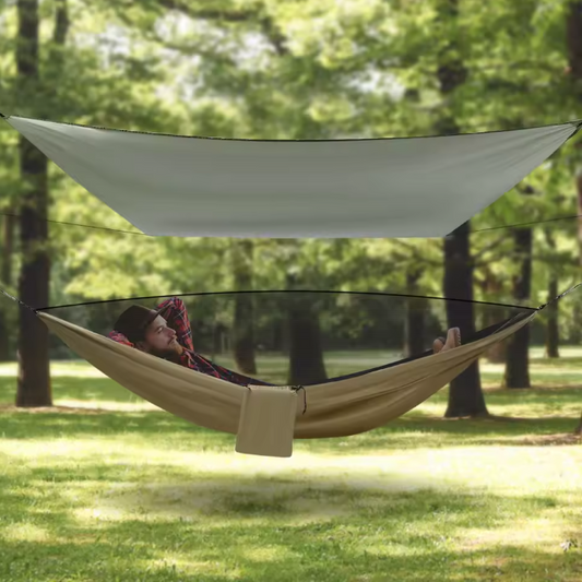 Waterdichte Kampeerhangmat met Klamboe & Zeildoek – 200 kg Draagvermogen & Opbergvak, Voor Buitenavonturen