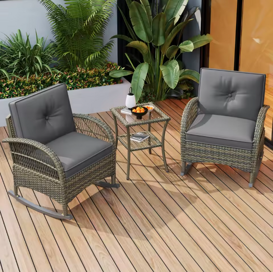 Rotan Balkonset met Schommelstoelen en Glazen Tafel – 3-Delige Lounge Tuinset voor Buiten