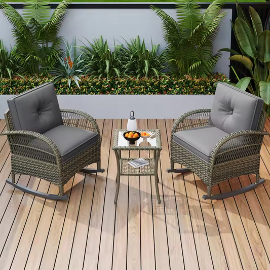 Rotan Balkonset met Schommelstoelen en Glazen Tafel – 3-Delige Lounge Tuinset voor Buiten
