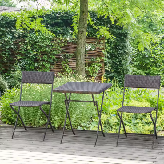 3-delige Opvouwbare Balkonset – Zwarte Tuintafel met 2 Klapstoelen van Metaal & Polyrotan
