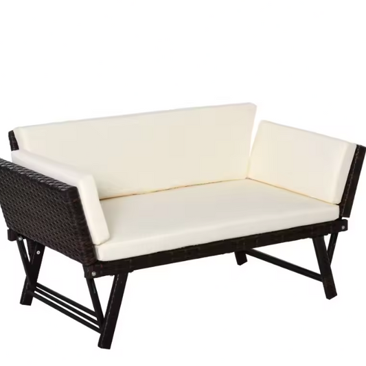 Opvouwbare 2-zits Tuinbank – Stalen Loungebank met Armleuningen & Kussens, Rotanlook voor Balkon en Terras