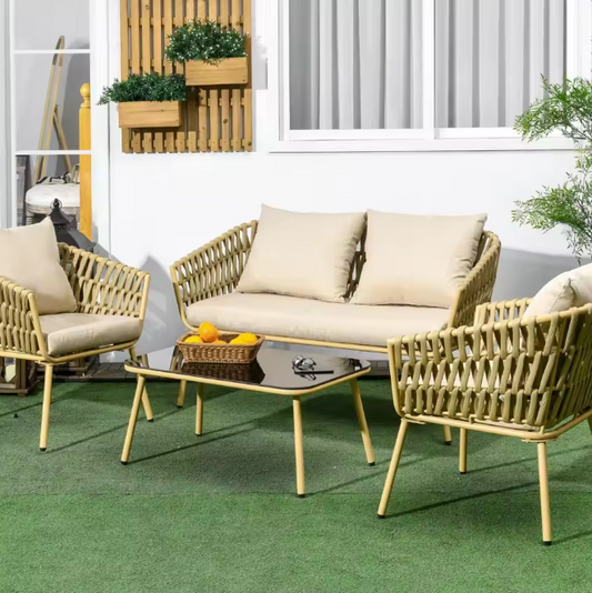 4-delige Rotan Tuinset – Bank, 2 Stoelen & Glazen Salontafel voor Buiten