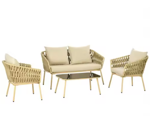 4-delige Rotan Tuinset – Bank, 2 Stoelen & Glazen Salontafel voor Buiten