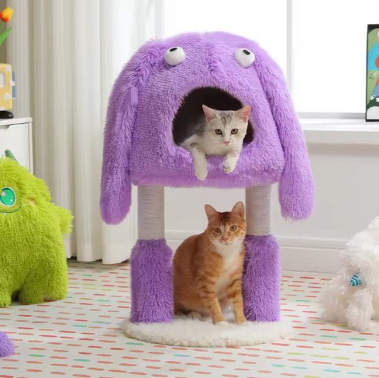 2-in-1 Kattenboomtoren – Pluche Krabpaal & Kattenhuis met Monsterontwerp