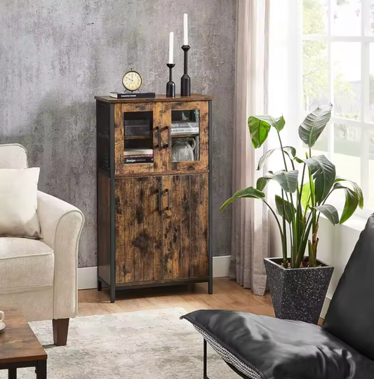 Industrieel Highboard Opbergkast – 108cm Hoog – Kabinetkast met Stalen Frame