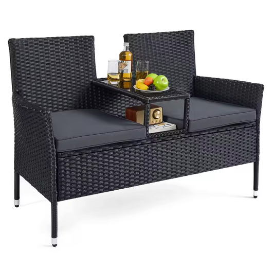 2-in-1 Balkonbank van Rotan – Met Tafel, Kussens & Glastop – Zwart