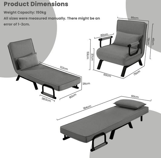 3-in-1 slaapbank met verstelbare rugleuning en kussen