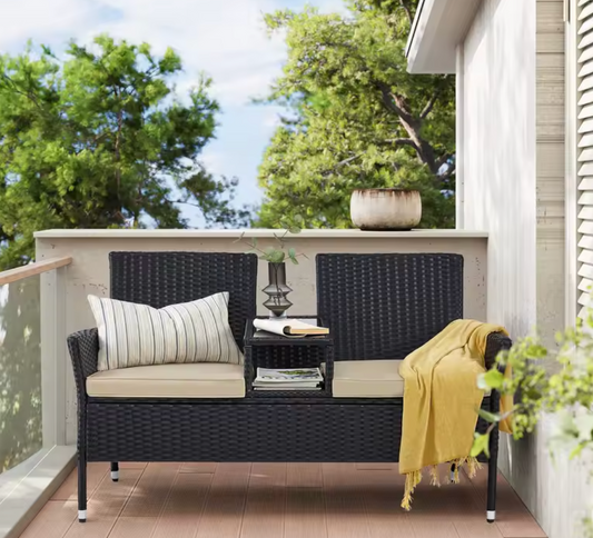 2-in-1 Balkonbank van Rotan – Met Tafel, Kussens & Glastop – Zwart