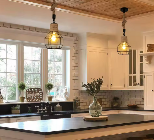 Vintage Hanglamp – Industriële 3-Lichts Plafondlamp met Henneptouw, Retro & Verstelbaar