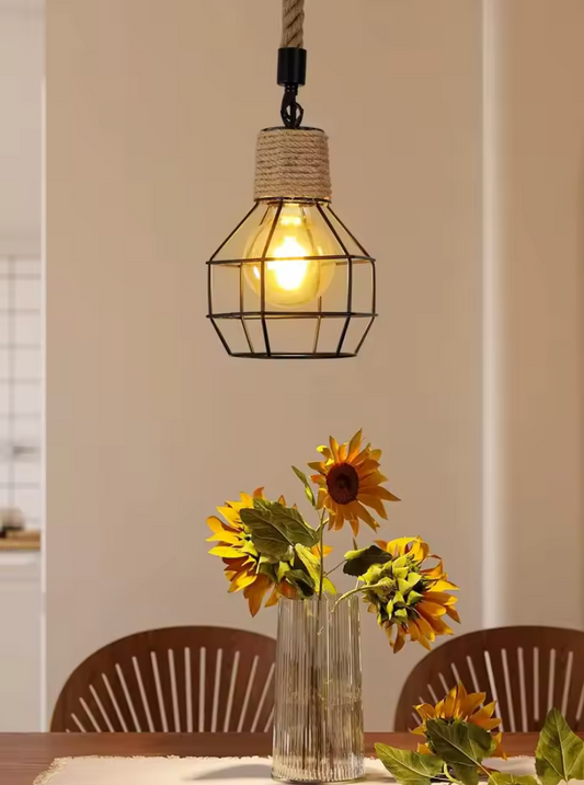 Vintage Hanglamp – Industriële 3-Lichts Plafondlamp met Henneptouw, Retro & Verstelbaar