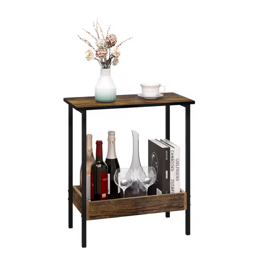 Compacte Bijzettafel / Salontafel met 2 Planken – Licht Eiken & Zwart Metaal