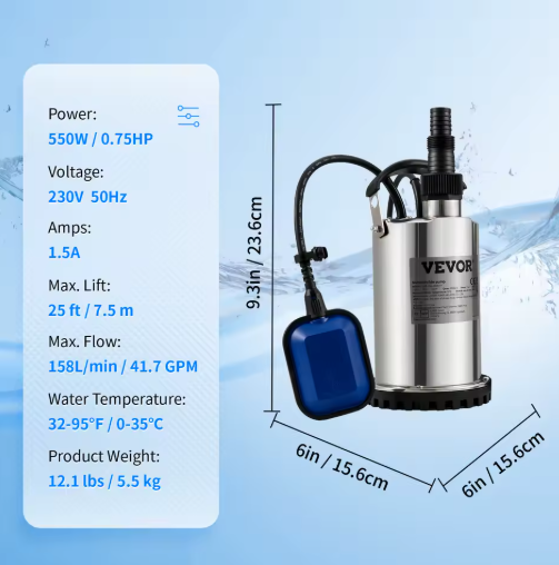 Dompelpomp voor Waterafvoer – 550W tot 2200W, met Automatische Vlotterschakelaar