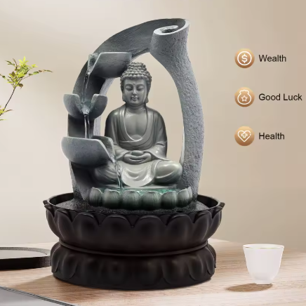 Boeddha Tafelfontein met LED-licht en Lotusbasis – Compacte Hars Binnenfontein voor Rust, Meditatie & Decoratie