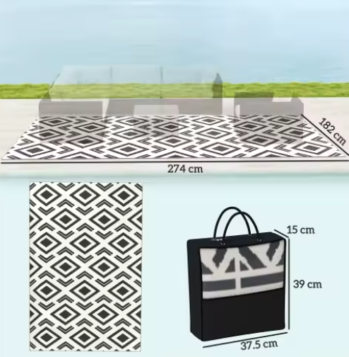 Weerbestendig Dubbelzijdig Buitentapijt met Draagtas – 182×274 cm, Opvouwbaar, Kunststof, Geschikt voor Tuin, Balkon en Kamperen