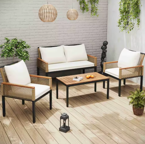 Tuin Lounge Set – 3-delige Tuinmeubelset met Kussens, Dubbele Bank, 2 Fauteuils en Salontafel – Polyrattan en Acaciahout, Weerbestendig en Comfortabel voor Buiten