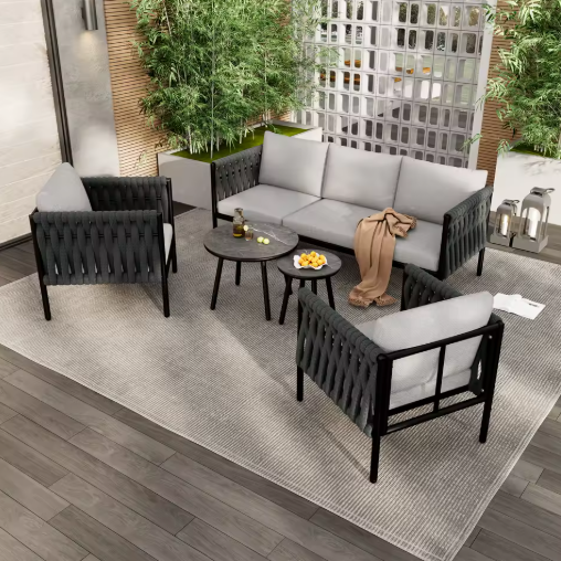 5-Persoons Tuinmeubelset – 3-Zits Bank, 2 Fauteuils en 2 Salontafels met Kussens, Weerbestendig Gegalvaniseerd Staal en Marmerglazen Tafel