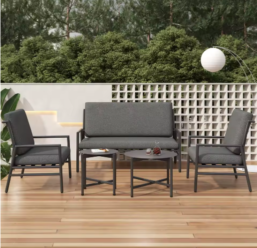 4-delige Outdoor Bankstel – Weerbestendig Metalen Frame met Verwijderbare Grijze Kussens, 2 Koffietafels voor Tuin en Terras