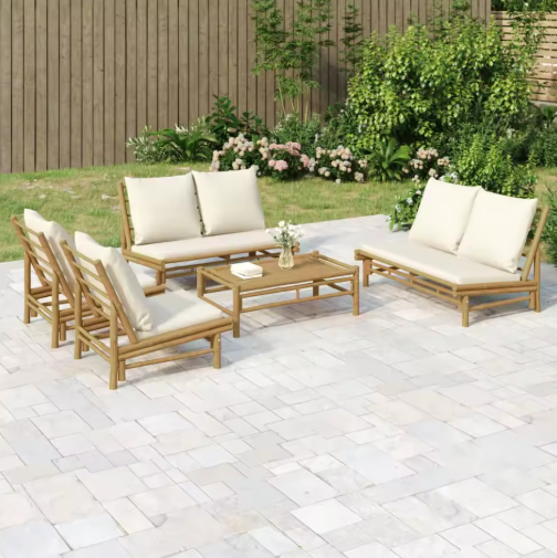 3-delige Bamboe Tuinloungeset – Incl. Crèmekleurige Kussens