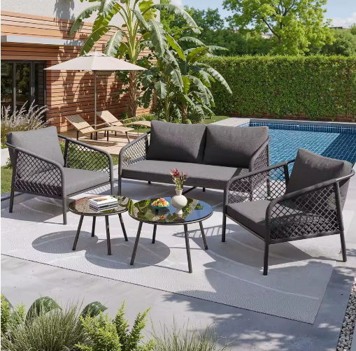 Rope Tuinloungeset – Moderne Buitenbankset met Glazen Tafel en Kussens voor Tuin, Terras en Balkon